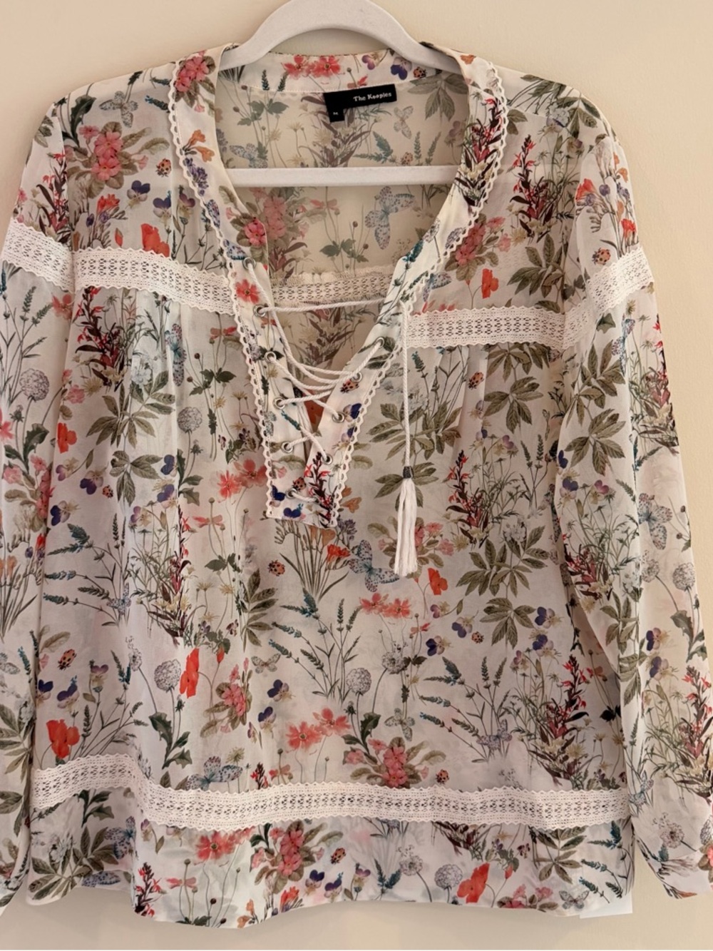 The Kooples White Floral Lace-Up Boho Blouse
